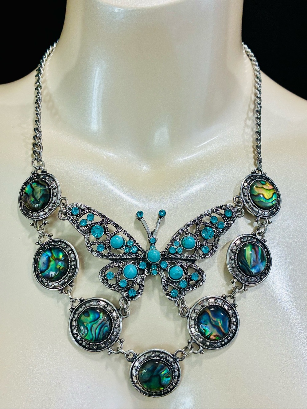 Whimsy Faux Turquoise Oversized Butterfly Statement Necklace w/ Abalone Accents